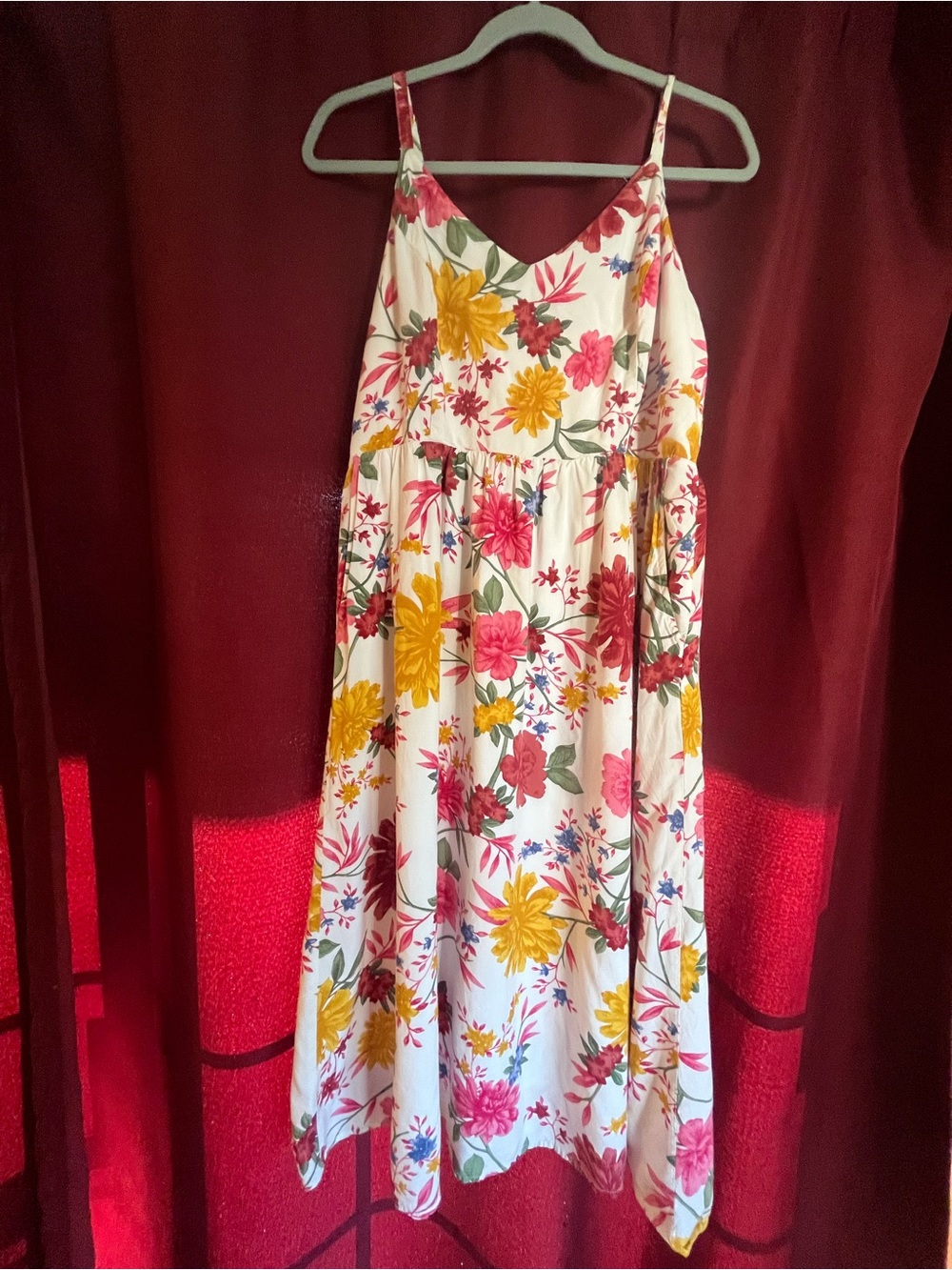 Old Navy Cream Floral Midi Dress with Pink and Yellow Blooms